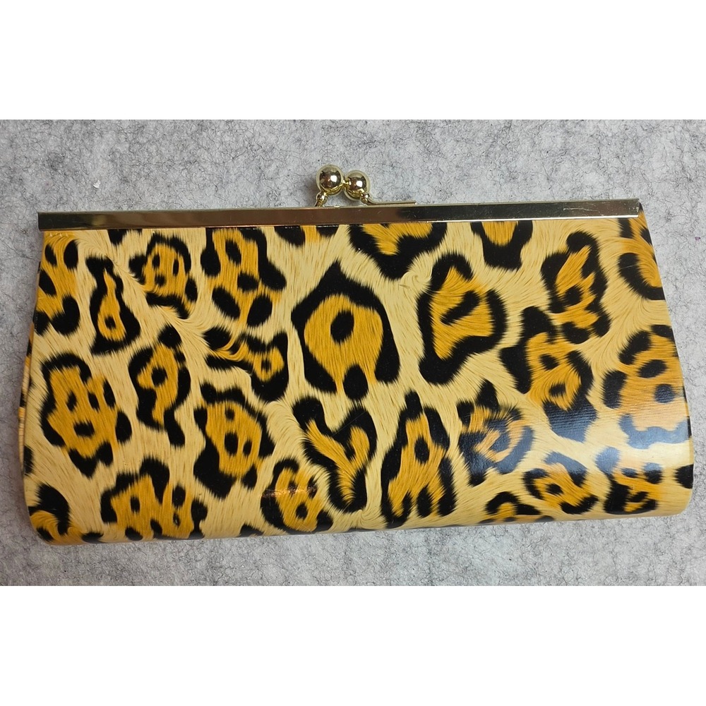 Depeche Mode New York Leopard Print Tube Clutch Purse Gold Kiss Lock Vintage